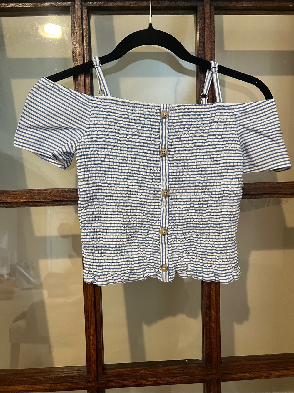 abercrombie kids Blue & White Striped Smocked Off-Shoulder Crop Top